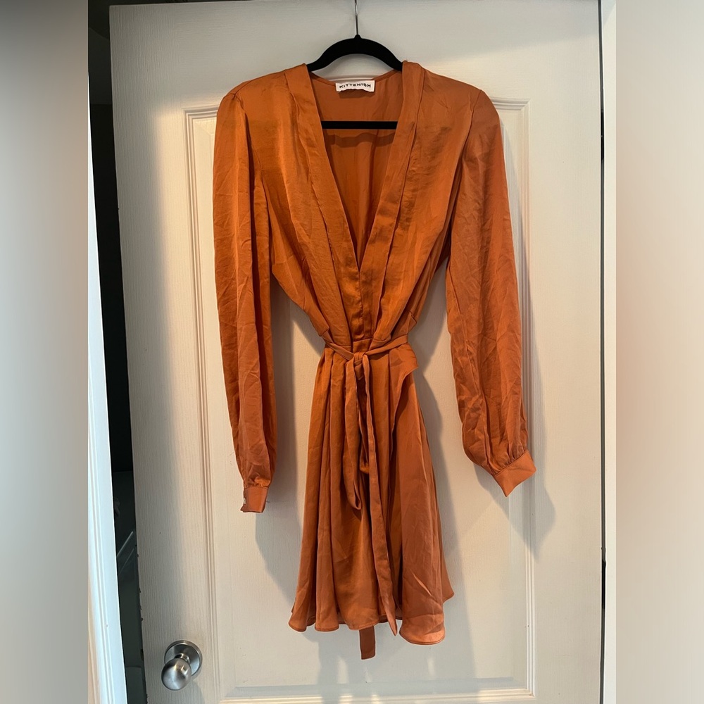 JJD KITTENISH Long Sleeve Orange Wrap Dress